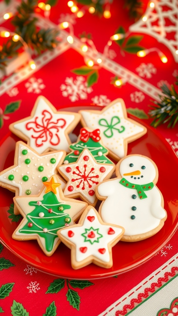 Pillsbury Christmas Sugar Cookies Recipe A plate of decorated Christmas sugar cookies in festive shapes with colorful icing and sprinkles.